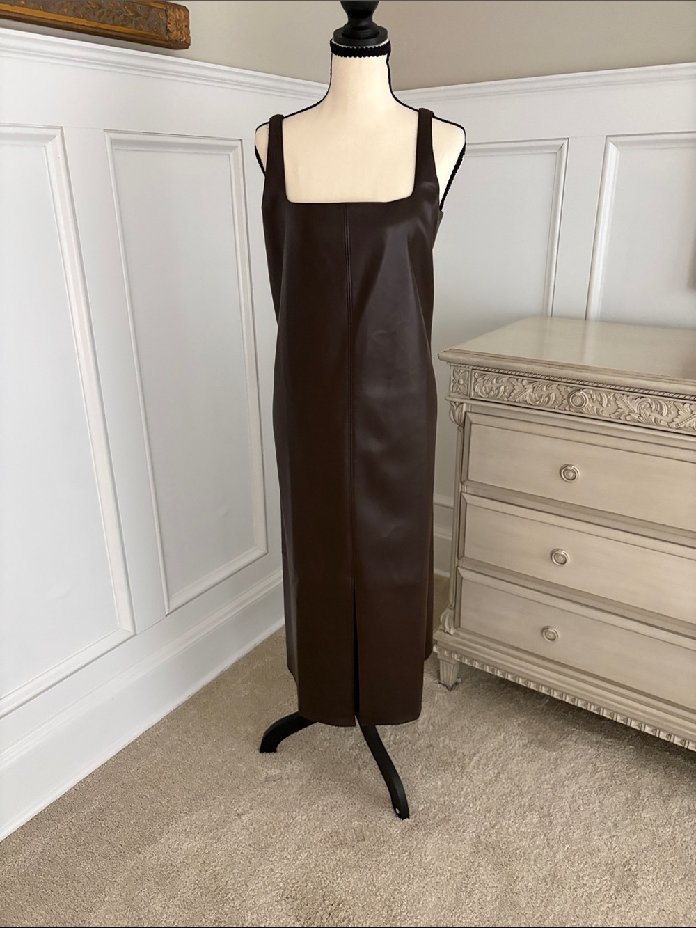 Chocolate Brown Faux-Leather Square Neck Midi Dress